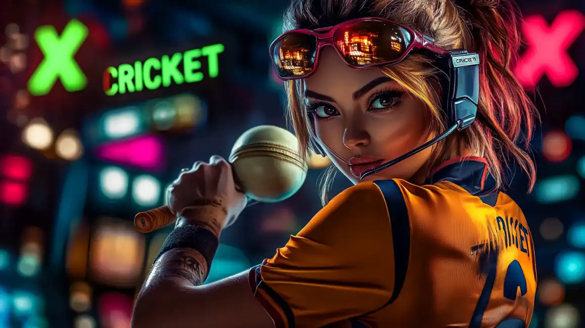 A futuristic female character in a gaming headset and sunglasses promotes the X Cricket betting game on kkbd, set against a vibrant, neon-lit city background.